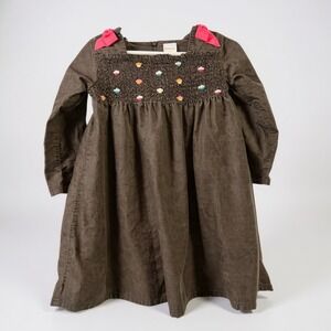 Gymboree 3T‎ Brown Corduroy Dress With Colorful Embroidery & Pink Bows